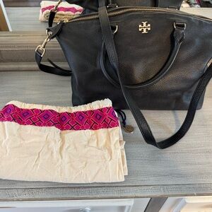 Tory Burch Black Satchel with Gold Logo and Detachable Strap